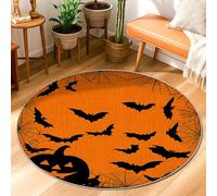 Bat Area Rug, Halloween Spooky Pumpkin Spider Web Halloween Orange Low Pile Aesthetic Circle Home Doormat Accents Rug Entryway Bathroom Laundry Room Decor 3' X 3'