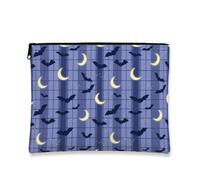 Bat Canvas with Zipper, Fanciful Playful Crescent Moon Grid Halloween Blue Canvas with Zipper Travel Makeup Bag for Travel, Purse, Bathroom, Vanity and Daily Storage, Blue, 7x9 Inch, Whimsical