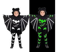 Bat Costume for Kids, Halloween Costume, 3 Pcs Glow in The Dark Bat Outfit with Gloves and Hat, Halloween Costumes for Boys and Girls, Trick or Treat Party Costume Dead Themed Parties Kids(140)