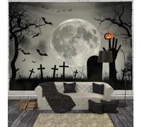 Bat Full Moon Cemetery Tapestry Fantasy Art Wall Hanging Backdrop Wall Art Gray Home Decor for Halloween Party Decor Portrait Photo Booth Props