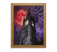 Bat Gothic Clocktower 5D Diamond Painting Kits for Adults Large DIY Round Drill Diamond Art with Frame Beginner Friendly Craft Gem Painting for Stress Relief Home Wall Decor Yellow Wood 40*50cm