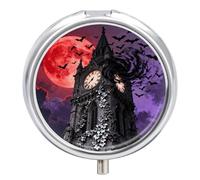 Bat Gothic Clocktower Pill Box 3-Compartment Travel Pill Organizer Portable Round Medicine Case with Mirror Design for Vitamins, Jewelry & Essentials Durable Pocket Pillbox for Purse, Camping