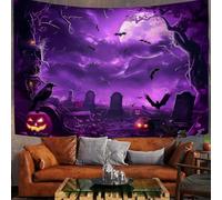 Bat Graveyard Tapestry Wall Hanging Art, Violet Halloween Moon Sky Motif Wall Decor Tapestries, 60"X40" Hippie Yoga Mat For Bedroom Dorm Backdrop Living Room, Office, Party