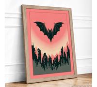 Bat Over City Heart Modern Framed Wall Art Print A2 (59.4×42cm) Oak, Wall Decor for Living Room, Bedroom, Office & Home, Ready to Hang, Art Gift