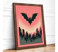 Bat Over City Heart Modern Framed Wall Art Print A2 (59.4×42cm) Walnut, Wall Decor for Living Room, Bedroom, Office & Home, Ready to Hang, Art Gift
