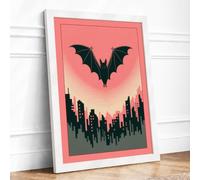 Bat Over City Heart Modern Framed Wall Art Print A2 (59.4×42cm) White, Wall Decor for Living Room, Bedroom, Office & Home, Ready to Hang, Art Gift