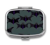 Bat Pattern Pill Box 2 Compartment, Portable Pill Case with Mirror for Pocket Purse Travel, Mini Metal Medicine Organizer for Vitamins Fish Oil