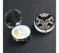 Bat Pattern Pill Box 3 Compartment Round Portable Pill Case for Pocket or Purse Pill Holder Weekly Pill Organizer Decorative Metal Medicine Vitamin Organizer Travel Gift
