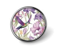 Bat Print Lapel Pin Fashion Brooch Pin Cute Button Badges Round Button Pins Enamel Pins Metal Pinback for Hat Shirt Clothing Bags Decoration, Hummingbirds Irises Flowers, Circular