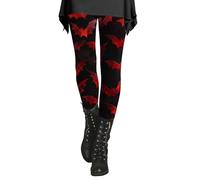 Bat Print Leggings UK - Brushed Lined for Autumn | Elastic Tummy Control Waistband | Cosy Halloween Pajama Alternative | for School Drop-Offs & Movie Nights Tummy Control Yoga Pant Wine