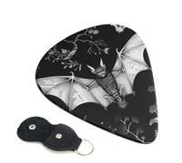 Bat Print Printed Guitar Picks, 6 Pack with Leather Keychain Pick Holder - 0.46mm, 0.71mm, 0.96mm Assorted Thickness for Acoustic Ukulele, Electric Guitar, Acoustic Guitar, Bass