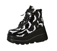 Bat Print Round Head Women's Thick-soled Lace-up Side Zipper Ankle Boots Rubber-soled Mid-heel 5CM/2INCH Soft Skin-friendly Sit Ankle Popular Style