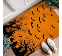 Bat Runner Rug, Halloween Spooky Tree Ghost Halloween Orange Low Pile Sponge Edge Binding Doormat Throw Rug Rectangle for Kitchen Bathroom Entryway Bedside Decor 2x3 Ft