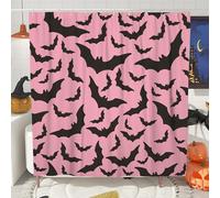 Bat Shower Curtain, Black Flying Bats on Peach Background Halloween Bathroom Decor, Spooky Autumn Modern Chic Waterproof Fabric Shower Curtain with Hooks 62x72 Inch