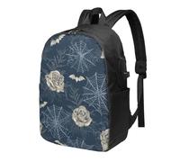 Bat Spider Web Laptop Backpack Rose Travel Backpack 17inch Water Resistant Carry on Rucksack with USB Charging Port College Bookbag School Work Bag for Women Men