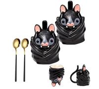 Bat Upside Down Shaped Mug, Funny Gothic 3D Bat Coffee Mug with Spoon, Glossy Black Ceramic Cup with Stable Weighted Base, for Tea & Coffee, Spooky Gift for Batman Fans, Goth & Animal Lovers (2pcs)