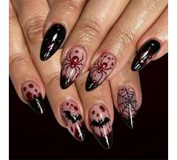 Bat Web Design Press Ons, Halloween False Tips with Black French Ends and Glossy Red Accent, 24 Pieces for Themed Photo Gothic Press Ons Artificial Tips Stick on Costume Manicure Look