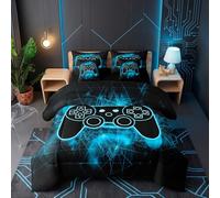BATATADOCE 7 Pcs Gaming Comforter Set, Blue Gamer Pattern Queen Size Boys Bedding Sets with Sheets and Pillow Covers for Boys Teens Gaming Bedding Set for All Season Video Game Room Decor