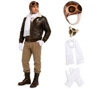 Batbblxn 4Pcs Aviator Costume Accessories Vintage Pilot Hat with Goggles White Scarf Gloves and Propeller Brooch for Halloween Party