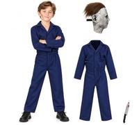 Batbblxn Horror Killer Costume for Boys Navy Blue Boiler Suit with Bloody Knife Realistic Mask 4PCS Scary Cosplay Jumpsuit for Halloween Carnival (X-Large)