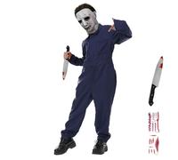 Batbblxn Horror Killer Costume for Boys Navy Blue Boiler Suit with Bloody Knife Realistic Mask 4PCS Scary Cosplay Jumpsuit for Halloween Carnival (Medium)