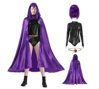 Batbblxn Purple Superhero Costume Women Set Hooded Cape Cloak Bodysuit Gem Belt & Wig Gothic Halloween Outfit for Women Cosplay Party (XX-Large)