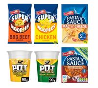 Batchelors Super Noodles - Chicken & BBQ Beef, Pot Noodle - Chicken and Mushroom & Curry, Batchelors Pasta ’n’ Sauce - Low Fat Tomato Onion & Herb & Mac ’n’ Cheese