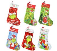BATERZO 6 Pack Christmas Stocking, Funny Novelty Xmas Stocking, 18 Inch Large Merry Christmas Hanging Stocking Gift Bag for Kids Holiday Fireplace Xmas Tree Hanging Decor (6P-GRC)
