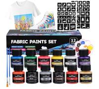 Bateya Fabric Paints Permanent for Clothes 12 Colours Fabric Paint 25 ml Textilfarbe for Kids Machine Washable Textile Paints for Clothing T-Shirt Shoes Jeans Bag with Brushes Palette Stencils