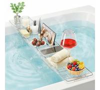 Bath Caddy Tray - Acrylic Expandable 56-81cm Bath Trays for Across Bath Transparent Bath Table Adjustable Size with Soap Box & IPad Holder Fit Most Bath Tubs for Books Phone
