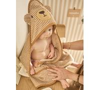 Bath cape + PETIT OURS wash mitt, with recycled cotton striped beige