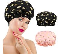 Bath Caps Elastic Band Waterproof Plastic Shower Cap with Ruffled Edge Covering Ears Keeping Hair Dry Reusable Double Layers Kitchen Oil-proof Cap for Long, Short & Curly Hair (Butterfly black)