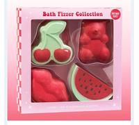 Bath Fizzer Collection, Cherry and Watermelon Scented Bath Bombs Gift Set, Red and Green, 4 Piece Decorative Shapes
