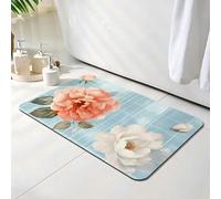 Bath Mat 60 x 90 cm, Simple Bathroom Mat, Super Absorbent Carpet, Non Slip Thin Rubber Backing Bathroom Washable Rug Fit Under Door, Quick Dry Bath Foot Mats, Easy to Clean, for Shower Flower O-7190