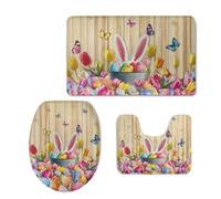 Bath Mat Butterfly Rabbit Non Slip Bathroom Door Mat 3 Pieces Doormat Water Absorbent U-Shape Toilet Bathmat Machine Washable Rug Bath Matt Bathroom Rug 50x80cm