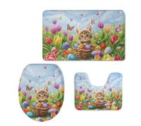 Bath Mat Cat Butterfly Green Non Slip Bathroom Door Mat 3 Pieces Doormat Water Absorbent U-Shape Toilet Bathmat Machine Washable Rug Bath Matt Bathroom Rug 45x75cm