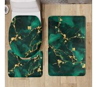 Bath Mat Golden Green Marble Bath and Toilet Mat Set Non Slip Washable Memory Foam Absorbent Bathroom Floor Mats Toilet Seat Cover 3 Piece Bathroom Rug 50x80 cm