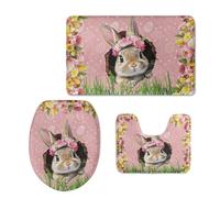 Bath Mat Grass Green Pink Non Slip Bathroom Door Mat 3 Pieces Doormat Water Absorbent U-Shape Toilet Bathmat Machine Washable Rug Bath Matt Bathroom Rug 45x75cm