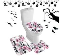 Bath Mat Halloween Toilet Seat Covers Pads Non Slip Anti Mould Mats Halloween Decorations Halloween Bathroom Set Toilet Lid Cover Set U-Shaped Toilet Rug Washable Soft Warmer Toilet Cover (Skull)