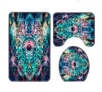 Bath Mat Mandala Cyan Colorful Bathroom Mat 3 Pieces Bath Mat Set 50x80cm Non Slip Mat Machine Washablet U-Shape Toilet Mat Rug for Bathroom, Bedroom, Kitchen