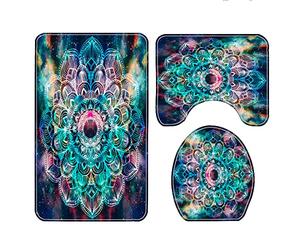 Bath Mat Mandala Cyan Colorful Bathroom Mat 3 Pieces Bath Mat Set 50x80cm Non Slip Mat Machine Washablet U-Shape Toilet Mat Rug for Bathroom, Bedroom, Kitchen
