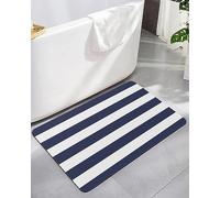 Bath Mat, Nautical Navy Blue White Stripes Quick Dry Bathroom Rugs Non Slip Absorbent Thin Shower Rug Floor Mat for Bathroom, Bathtub,Sink, 20"x32"