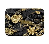 Bath Mat Rug,Gold and Black Tropical Leaves on Dark Background,Plush Bathroom Decor Mats with Non Slip Backing