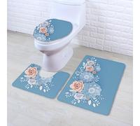 Bath Mat Set 3 Piece Blue Orange Flower Non Slip Mat for Bathroom Washable Bath Carpet Memory Foam Bathroom Rug Toilet Lid Cover U-shaped Toilet Mats Set 50x80 cm