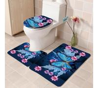 Bath Mat Set 3 Piece Butterfly Blue Flower Non Slip Mat for Bathroom Washable Bath Carpet Memory Foam Bathroom Rug Toilet Lid Cover U-shaped Toilet Mats Set 50x80 cm
