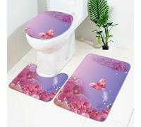 Bath Mat Set 3 Piece Butterfly Pink Flower Non Slip Mat for Bathroom Washable Bath Carpet Memory Foam Bathroom Rug Toilet Lid Cover U-shaped Toilet Mats Set 45x75 cm