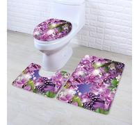 Bath Mat Set 3 Piece Butterfly Purple Flower Non Slip Mat for Bathroom Washable Bath Carpet Memory Foam Bathroom Rug Toilet Lid Cover U-shaped Toilet Mats Set 50x80 cm