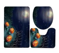 Bath Mat Set 3 Piece Green Pumpkin Moon Non Slip Mat for Bathroom Washable Bath Carpet Memory Foam Bathroom Rug Toilet Lid Cover U-shaped Toilet Mats Set 50x80 cm