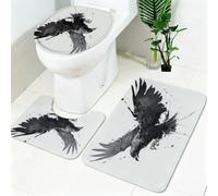 Bath Mat Set 3 Piece Ink painting of crows Non Slip Bathroom Rug Set with Shower Mat and Toilet Cover Black Extra Soft Toilet Mat Kit