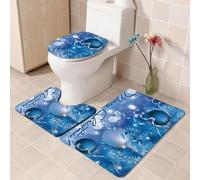 Bath Mat Set 3 Piece Leaf Blue Ball Non Slip Mat for Bathroom Washable Bath Carpet Memory Foam Bathroom Rug Toilet Lid Cover U-shaped Toilet Mats Set 50x80 cm